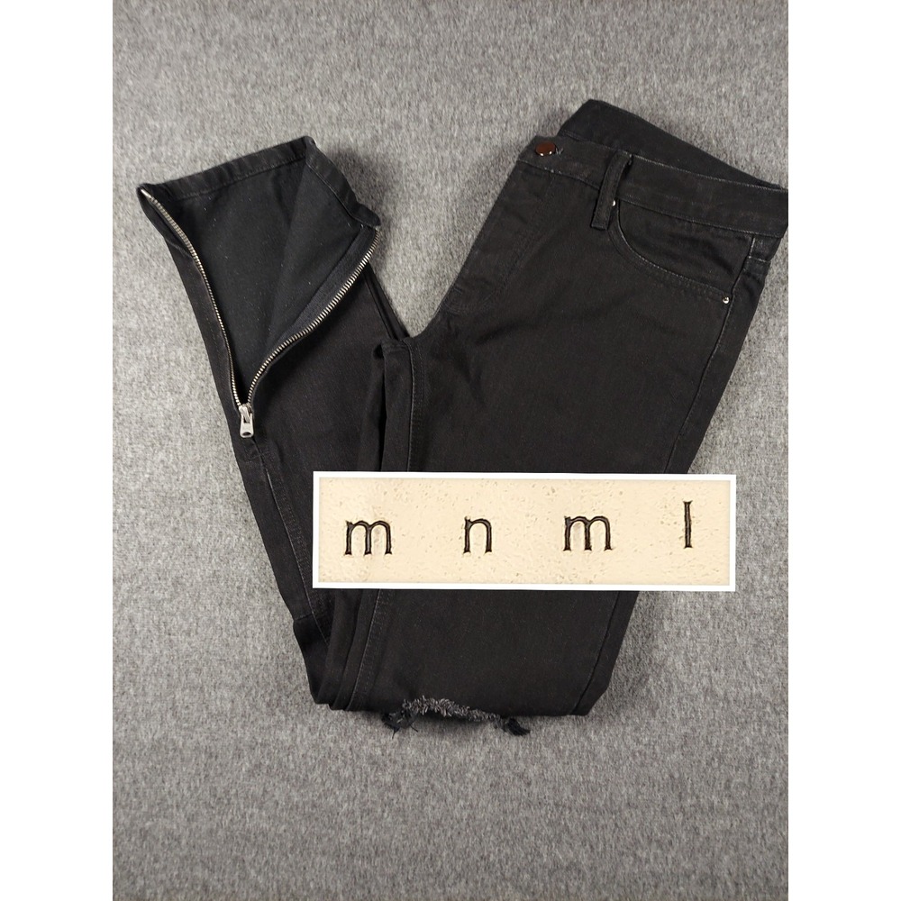 MNML Jeans Mens 32 Black Distressed Denim Skinny Button Fly Zipper Leg Opening